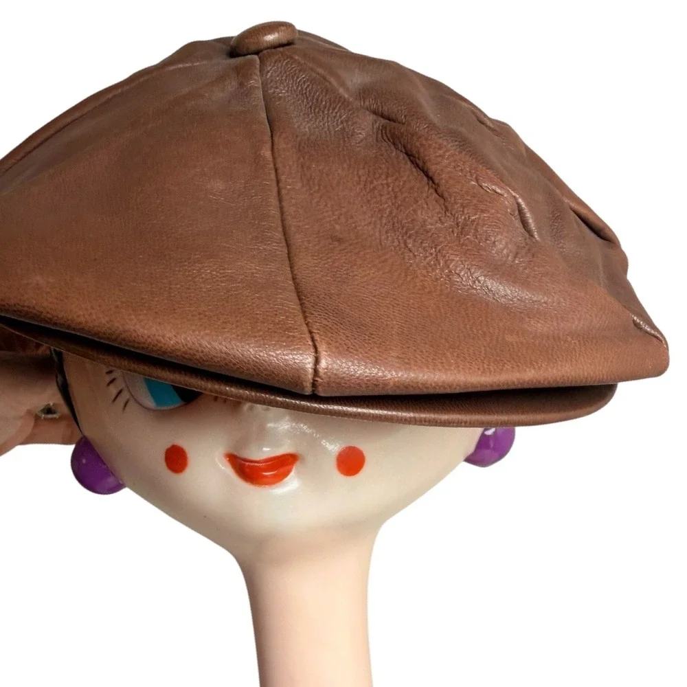 Vintage Dobbs Fifth Avenue Leather Newsboy Baker Boy Cap Brown USA M - Picture 2 of 16